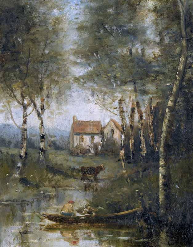 Jean-Baptiste-Camille Corot La riviere en bateau et la maison oil painting image